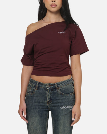 Ed Hardy Women's Off Shoulder T-Shirt Plum
