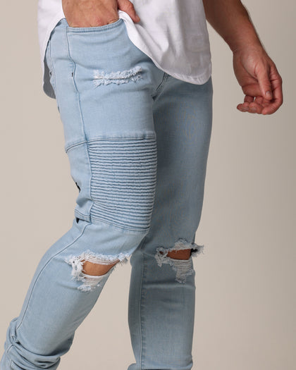Saint Morta Men's Index Distressed Biker Jeans Light Blue