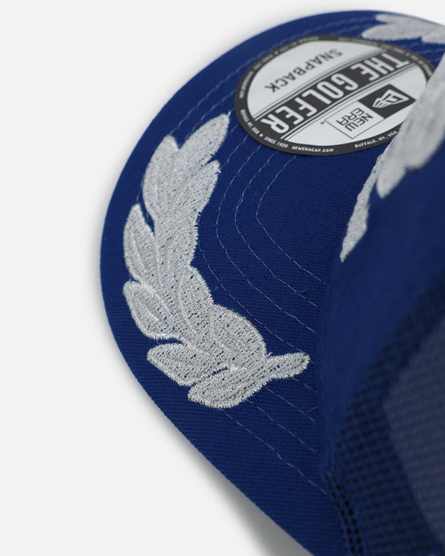 New Era Las Vegas Raiders 'Podium Pack' Pre-Curved Golfer Trucker Snapback Light Royal/Metallic Gold