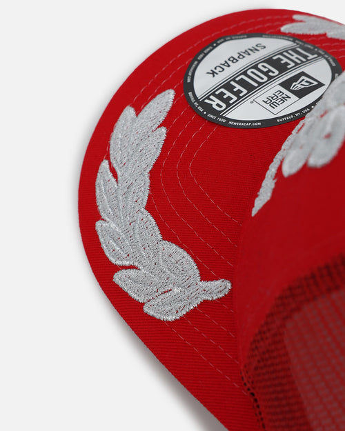 New Era Las Vegas Raiders 'Podium Pack' Pre-Curved Golfer Trucker Snapback Scarlett/Metallic