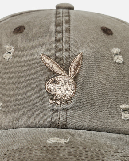 Playboy Distressed Twill Embroidered Strapback Dad Hat Brown/Tan