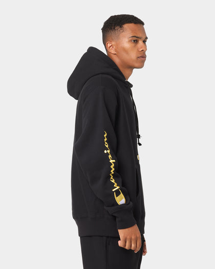 Champion Men's Reverse Weave Script Hood Black/Gold Culture Kings NZ