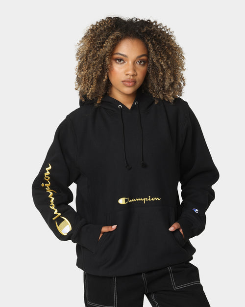 Champion Men's Rev Weave Script Hoodie Black/Gold