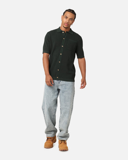 XXIII Zyair Knit Rib Button Up Shirt Dark Green