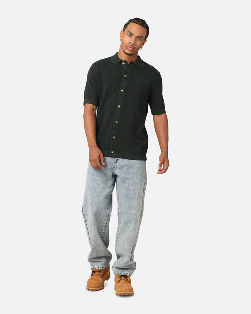 XXIII Zyair Knit Rib Button Up Shirt Dark Green