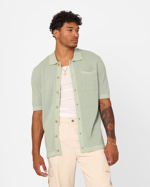 XXIII Zyair Knit Rib Button Up Shirt Sage