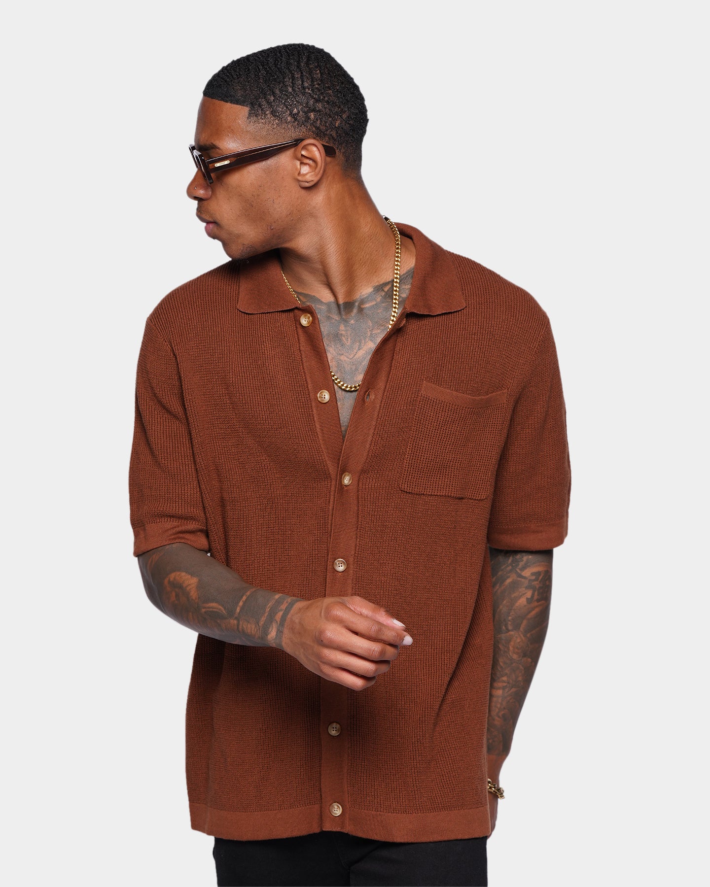 XXIII Zyair Knit Rib Button Up Shirt Brown | Culture Kings NZ