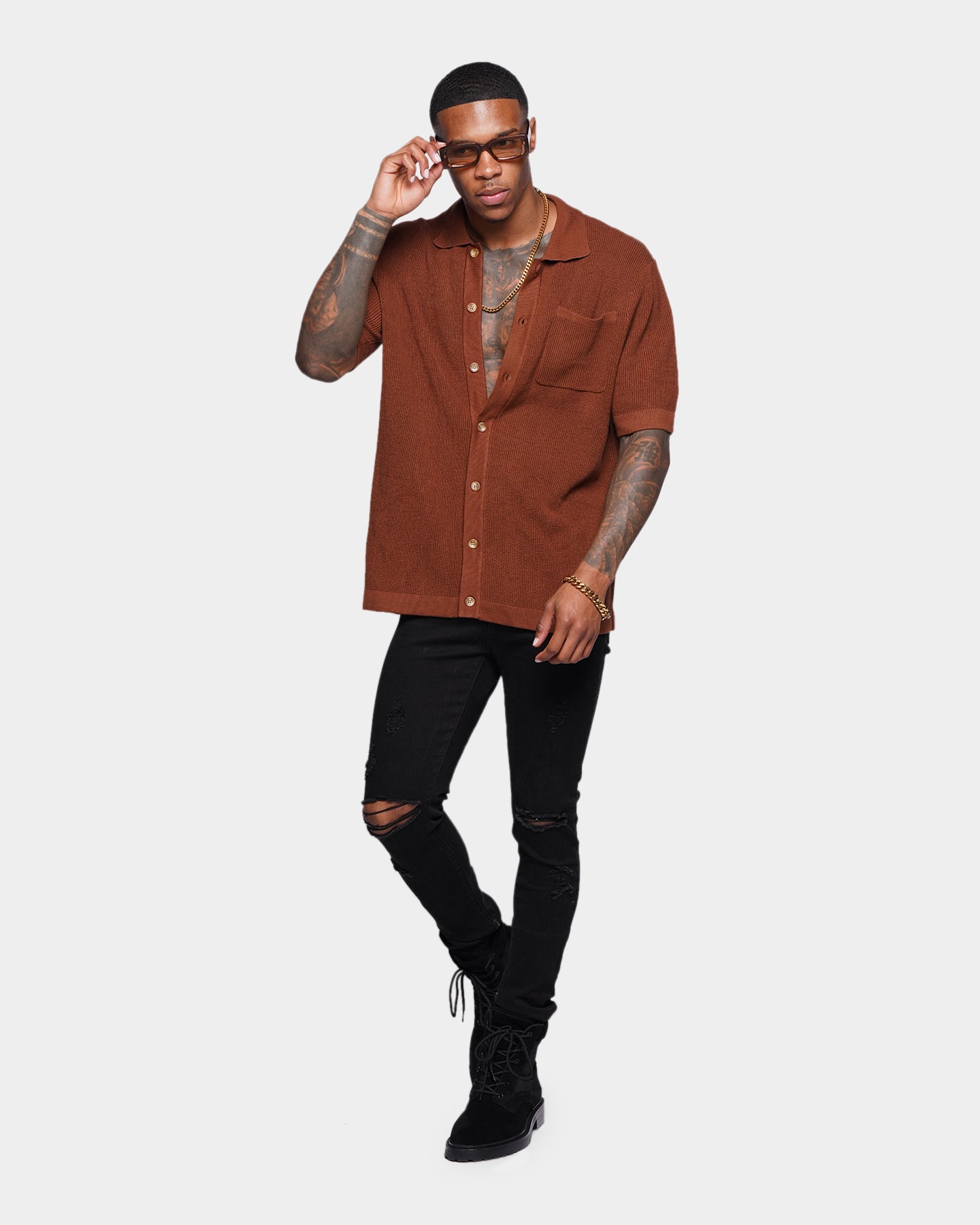 XXIII Zyair Knit Rib Button Up Shirt Brown | Culture Kings NZ