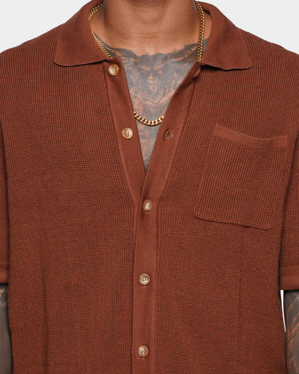 XXIII Zyair Knit Rib Button Up Shirt Brown