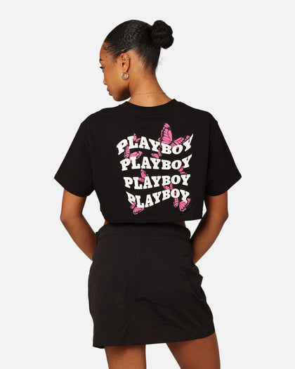 Playboy Women's Butterfly Cropped T-Shirt Black
