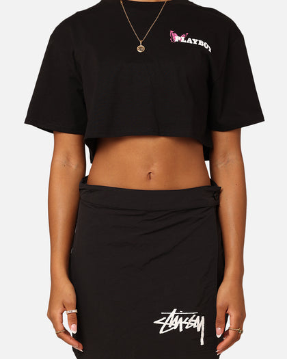 Playboy Women's Butterfly Cropped T-Shirt Black