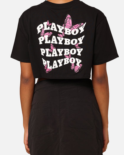 Playboy Women's Butterfly Cropped T-Shirt Black