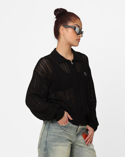 X-Girl Women's Crochet Double Zip Cardigan Black