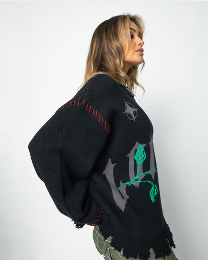 Loiter Fable Distressed Knit Sweater Black