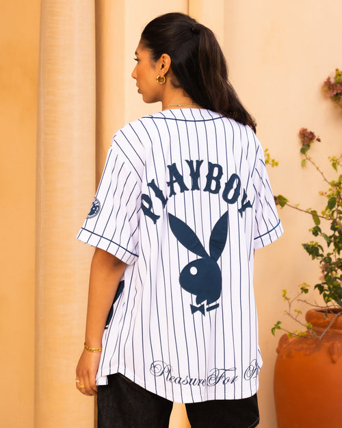 Playboy By Culture Kings Bunny Baseball Shirt Jersey White/Navy