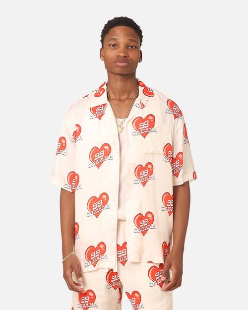 99 Cabana Roaming Hearts Short Sleeve Button Up Shirt Off White/Red