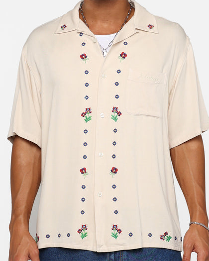 X-Large Flower Open Collar Short Sleeve Shirt Off White