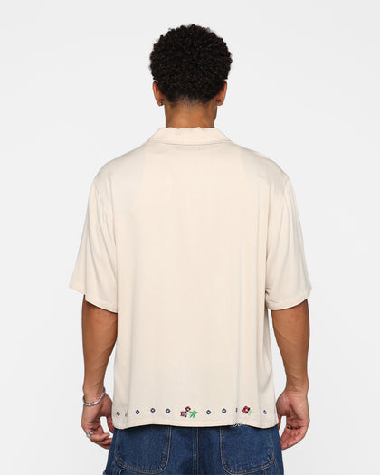 X-Large Flower Open Collar Short Sleeve Shirt Off White