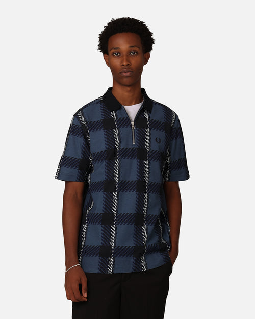 Fred Perry Glitch Tartan Zip Neck Polo Shirt Midnight Blue