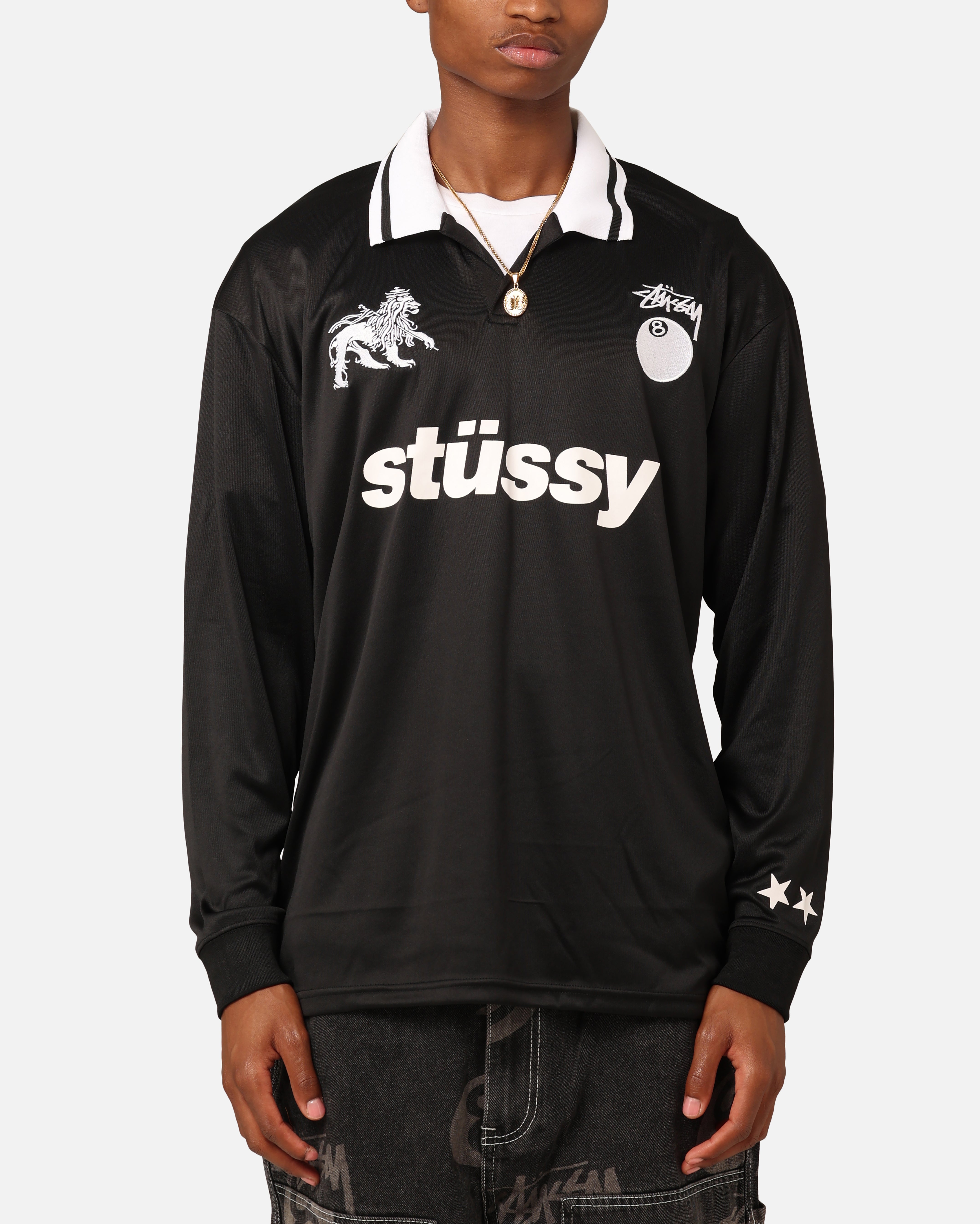 k*a様 【サイズS】Stussy Football Polo ジャージ長袖 黒 Stussy]Football Polo Long Sleeve T-Shirt ジャージ長袖 黒