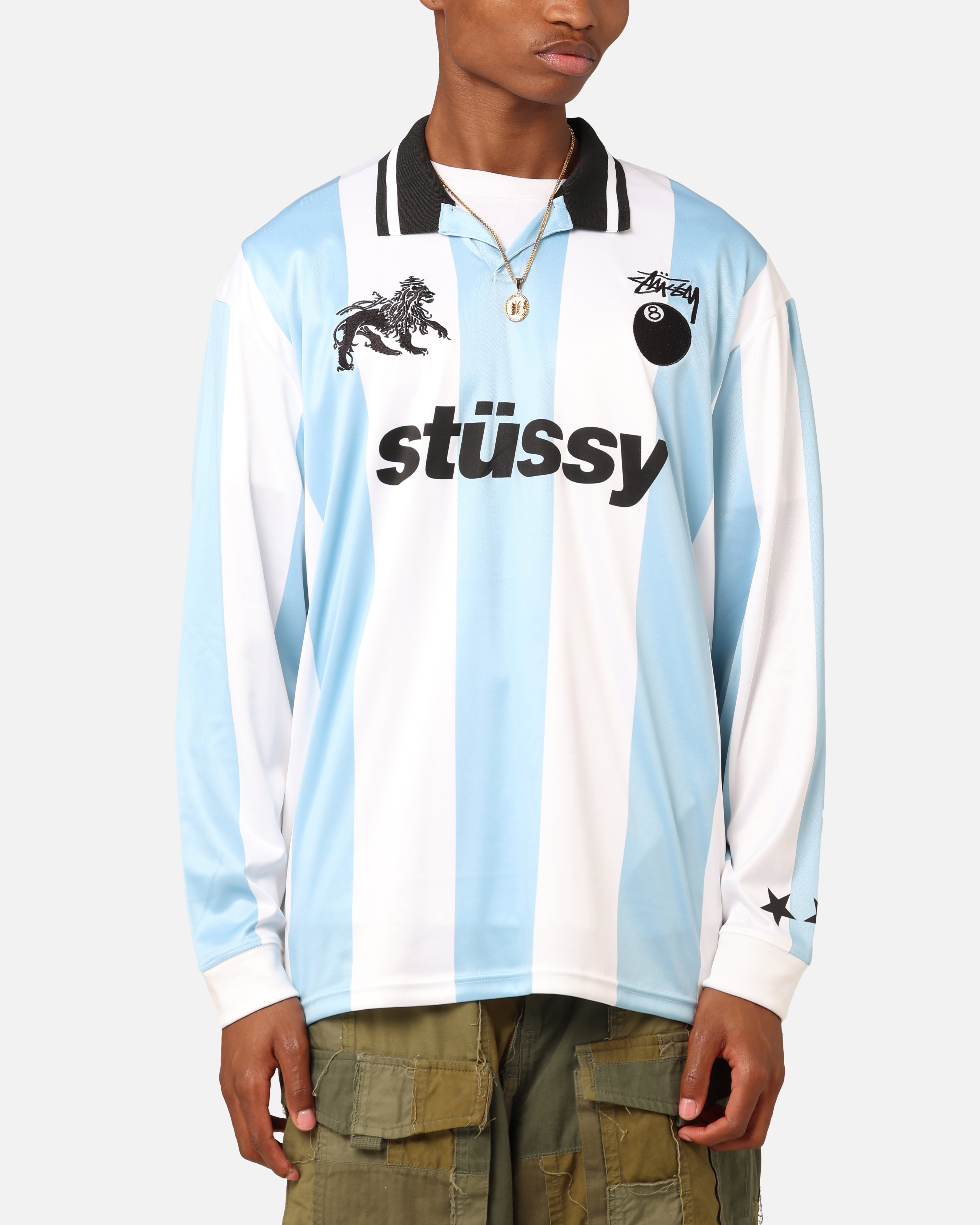 Stüssy Football Polo Long Sleeve T-Shirt Blue/White | Culture Kings NZ