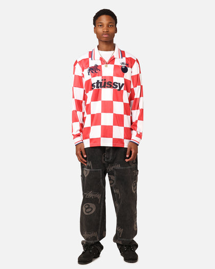 Stüssy Football Polo Long Sleeve T-Shirt White/Red Check