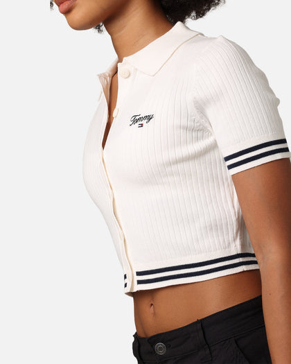 Tommy Jeans Women's Cropped Script Rib Polo Shirt Ancient White
