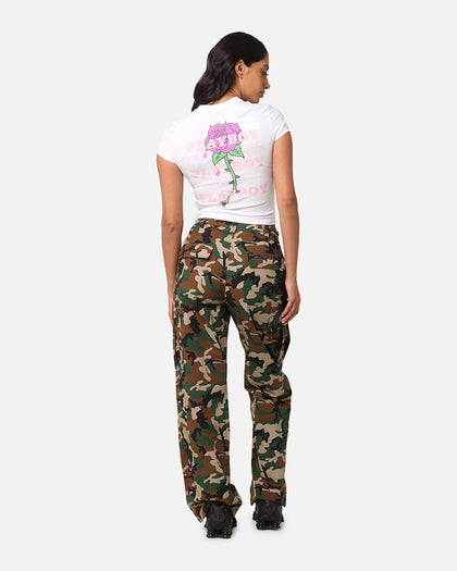 Playboy Women's Rose Stacked Baby T-Shirt White