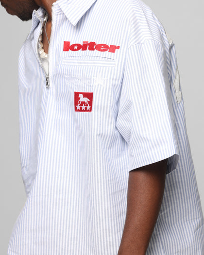 Loiter Rodeo Quarter Zip Up Shirt Blue Pin Stripe