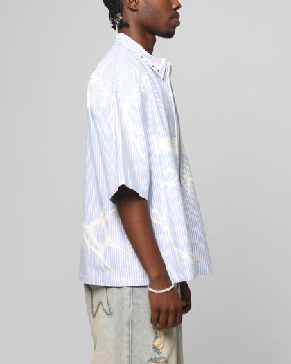 Loiter Cyber Zip Up Short Sleeve Shirt Blue Pin Stripe