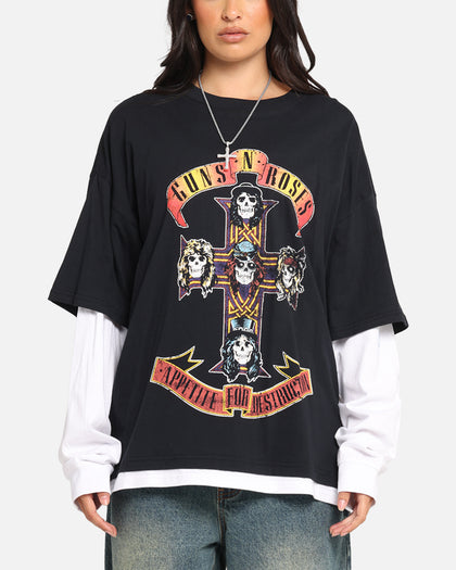 G N Roses Roses Layered Long Sleeve T-Shirt Black Wash