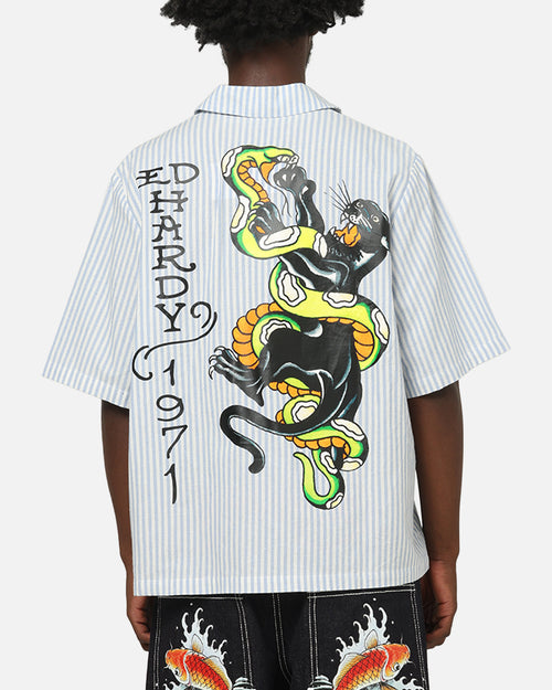 Ed Hardy Panther Button-Up Shirt Blue Pin Stripe