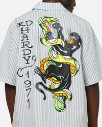 Ed Hardy Panther Button-Up Shirt Blue Pin Stripe