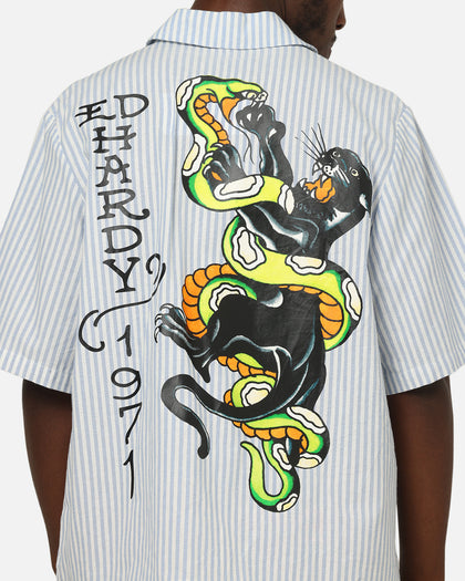 Ed Hardy Panther Button-Up Shirt Blue Pin Stripe
