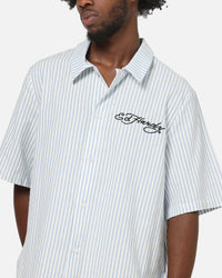 Ed Hardy Panther Button-Up Shirt Blue Pin Stripe