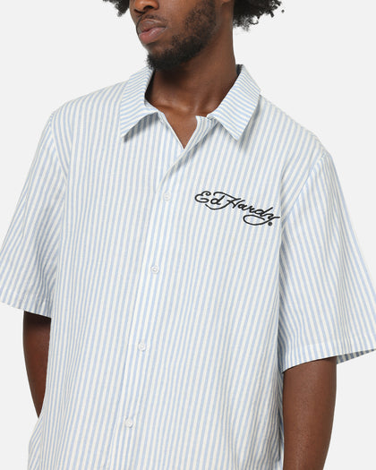 Ed Hardy Panther Button-Up Shirt Blue Pin Stripe