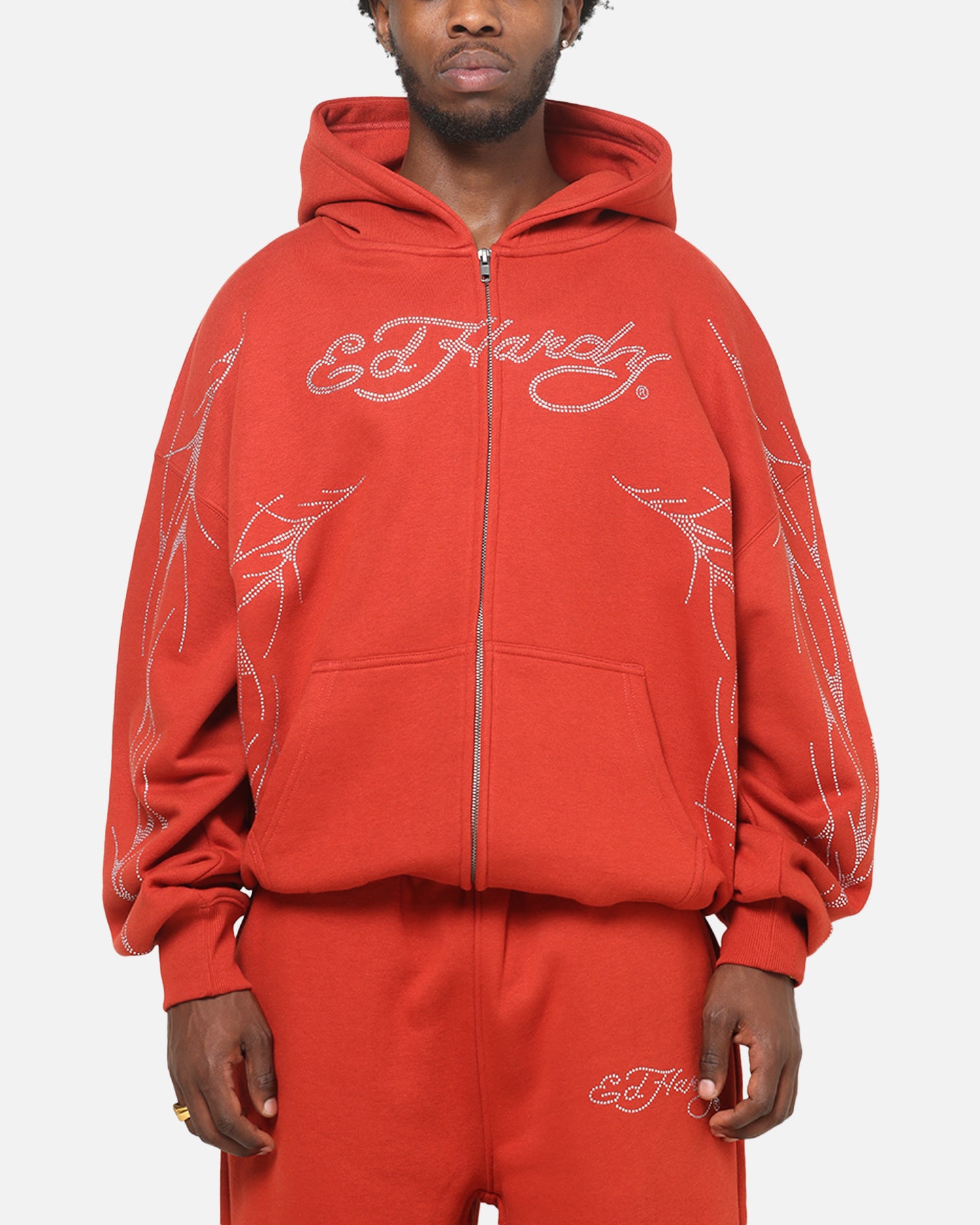 Ed Hardy Cyber Rhinestone Zip-Up Hoodie Red | Culture Kings NZ
