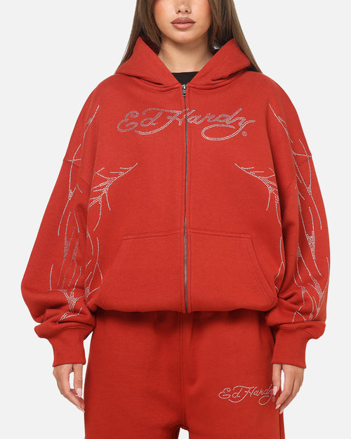 Ed Hardy Cyber Rhinestone Zip-Up Hoodie Red