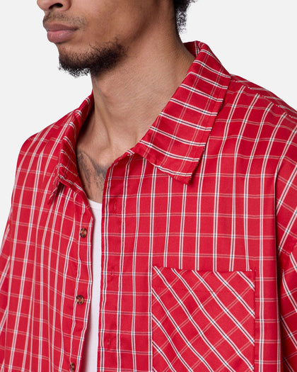 MNML Crispy Poplin Over Button Up Shirt Red Plaid