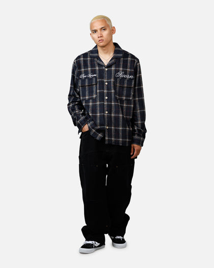 Sworn To Us Lotus Angel Flannel Button Up Shirt Navy