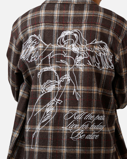 Sworn To Us Lotus Angel Flannel Button Up Shirt Brown