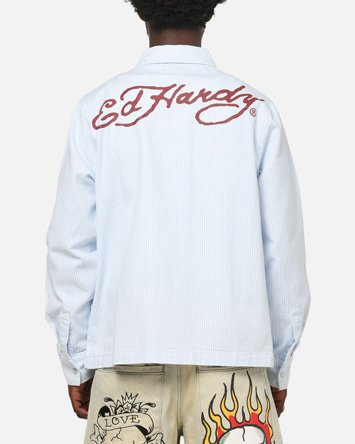 Ed Hardy Euro Button Up Shirt Blue Pinstripe