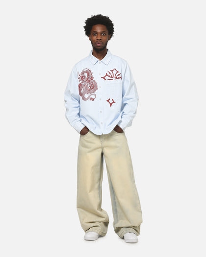 Ed Hardy Euro Button Up Shirt Blue Pinstripe