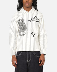 Ed Hardy Euro Button Up Shirt White Pinstripe