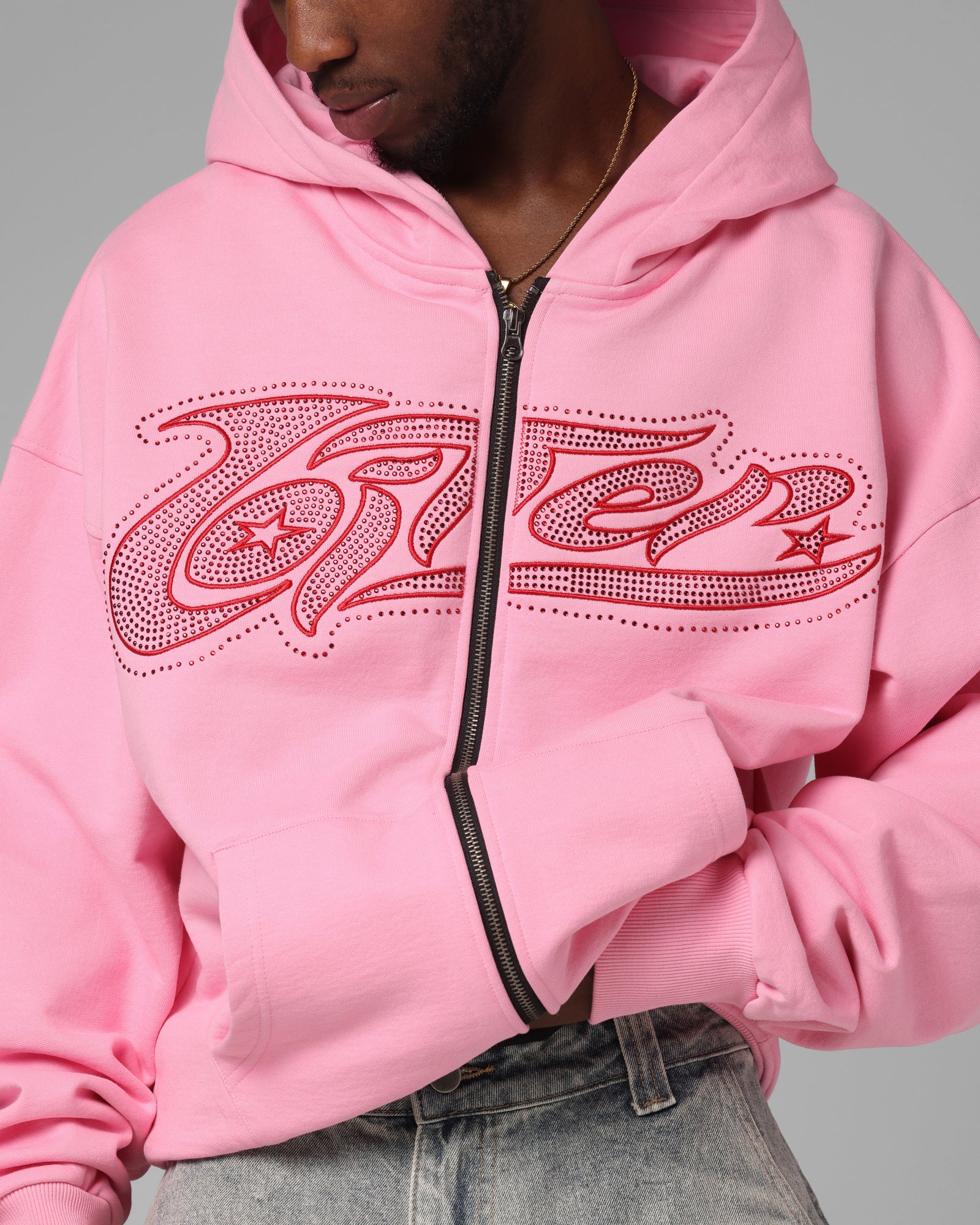 Loiter Silicone Rhinestone Zip Hoodie Pink | Culture Kings NZ
