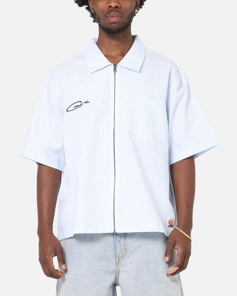 【Rm9】YOKE COTTON MESH STRIPE ZIP-UP Carre Oxford Stripe Zip Up Shirt Blue/White Stripe | Culture Kings NZ