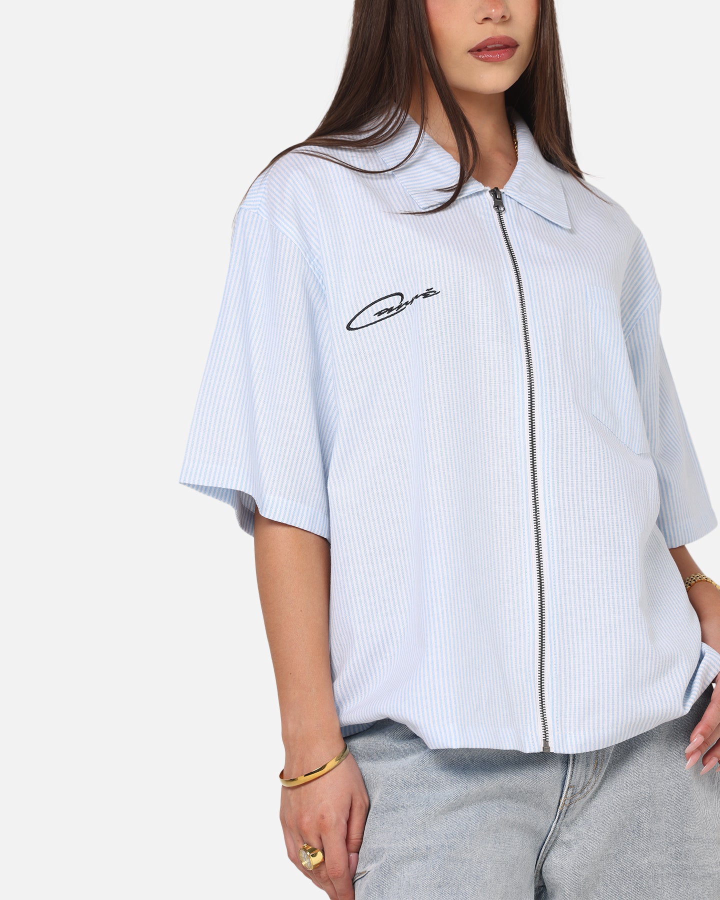 Carre Oxford Stripe Zip Up Shirt Blue/White Stripe | Culture Kings NZ