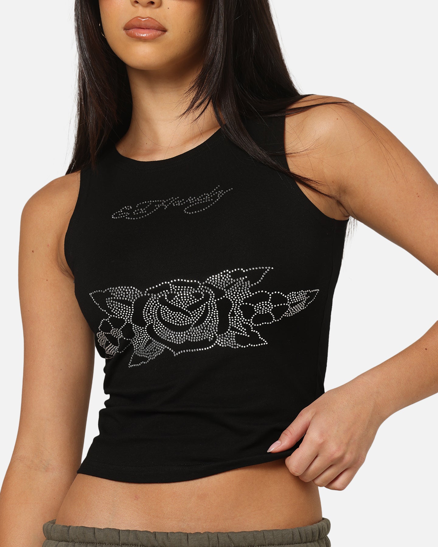 Ed Hardy ストーン レディース タンクトップ Ed Hardy ラインストーン ロングタンクトップ キャミソール (USA製) ED