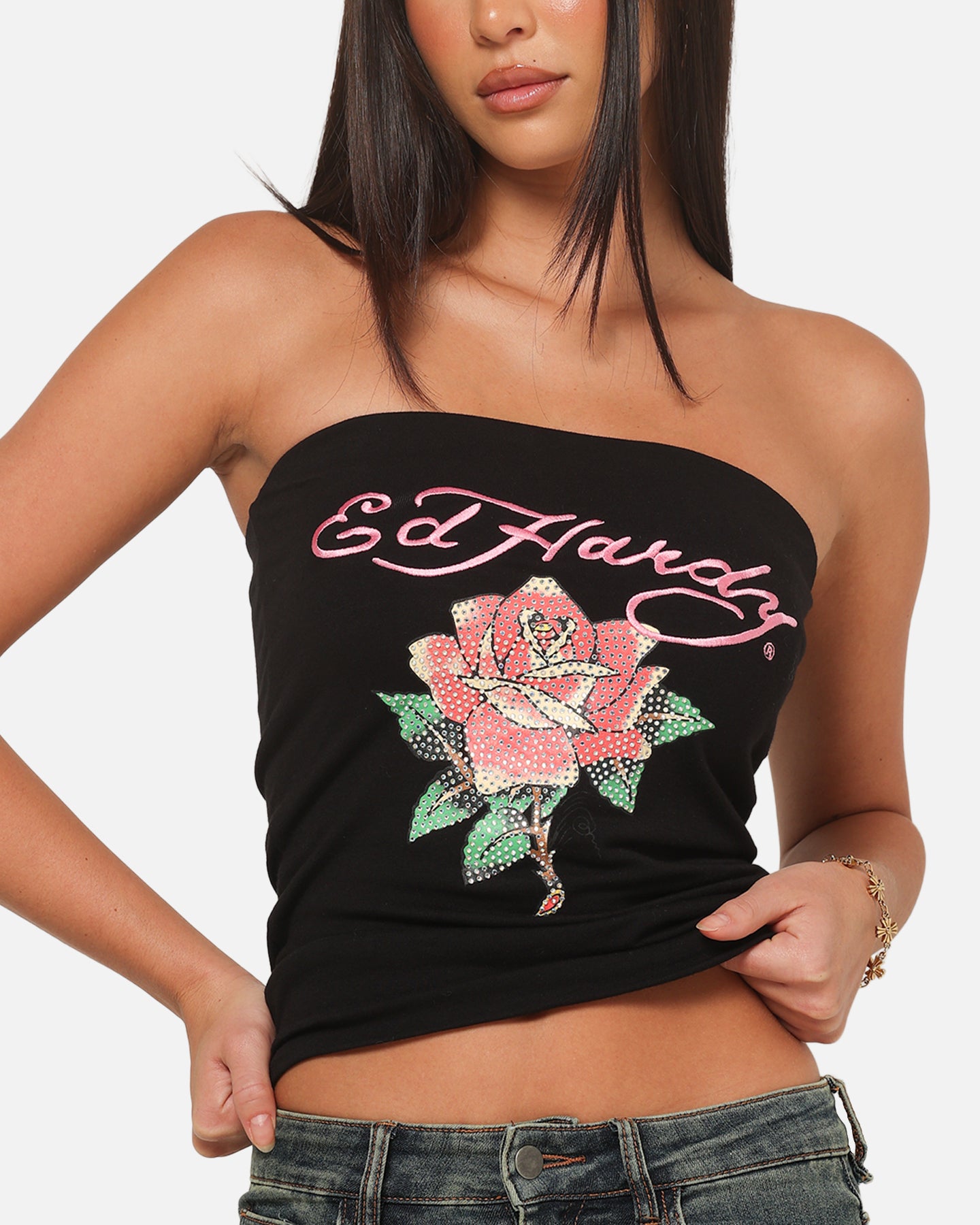 Ed Hardy Women's Rhinestone Rose Boob Tube Black | Culture Kings NZ