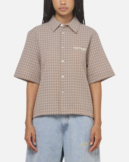 Ed Hardy Vandal Button Up Shirt Brown Check